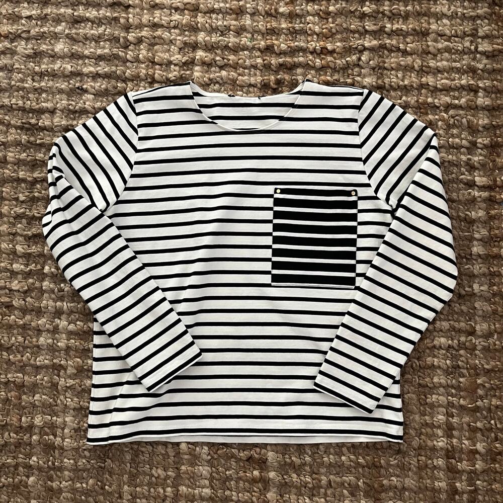 Lauren Ralph Lauren Breton Stripe Long Sleeve Shirt Black White Pocket M Preppy